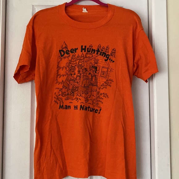 🧡🦌Vintage Graphic T 1970’s/1980’s Screen Stars XL - Man vs Nature Cartoon 🦌🧡 - Picture 5 of 5